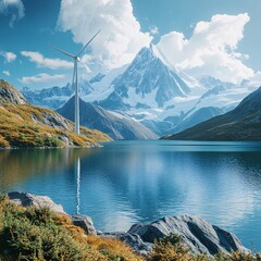 wind turbine beside glacial lake, crystal water and mountains, cinematic composition