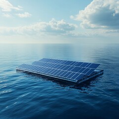 solar panels floating on a calm ocean, serene atmosphere, clean design