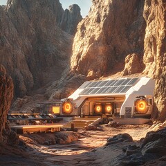off-grid solar station in a dry canyon, sunlit rocks, futuristic energy setup