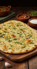 Delicious garlic naan with tasty Indian side dishes