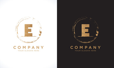 E Letter Logo With Grunge Round Shape. Modern Unique Creative E Logo Design Vector Template. Elegant Identity Design In  Gold Color.