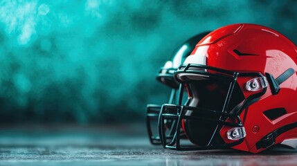 A striking image of two diverse football helmets symbolizes competition and sport, highlighting the excitement and rivalry between teams in a dynamic visual context.