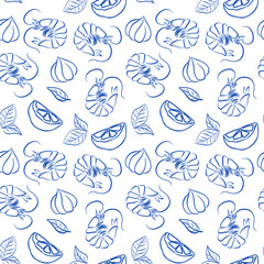Seamless Blue Line Pattern with Shrimps, Garlic, Citrus and Leaves