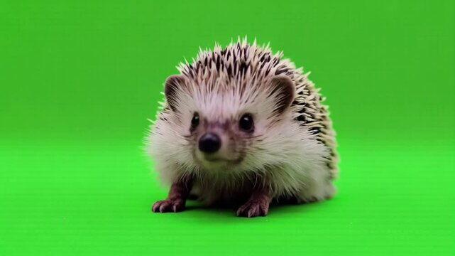 Close up of a hedgehog with white and black spikes standing on a green screen background looking forward green screen video