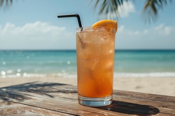 Tropical drink with orange slice beachfront wooden deck ocean view summer cocktail vacation paradise bar hospitality turquoise sea palm fronds
