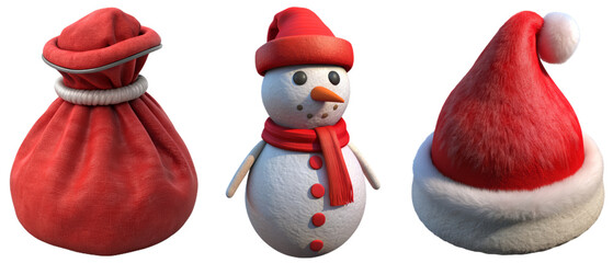 Set of three 3D cartoon for merry christmas celebration (santa bag, snowman and santa hat) isolated on white background. Suitable for marketing or business purposes. PNG file