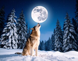 A husky howling under a full moon in a snowy forest.