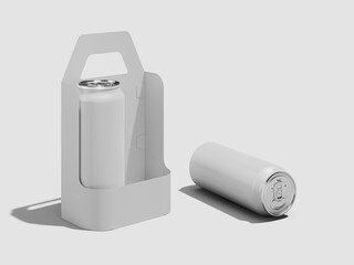 Drink Can With Cardboard Carrier Mockup 3D Rendering on Gray Background