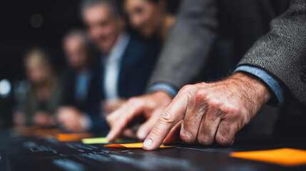 Strategic Insights: A diverse group of business professionals engaged in a collaborative brainstorming session, analyzing data and strategies to achieve project objectives.