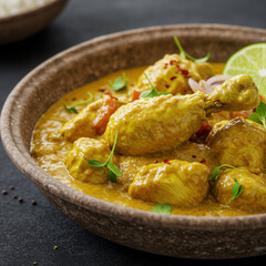 A vibrant close up of chicken curry served in a bowl
