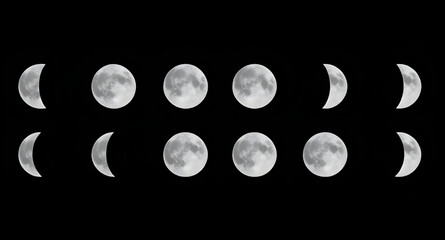 Moon icon, Full moon, Crescent moon, Half moon, Night sky moon, Moon vector, Lunar illustration, Moon phases, New moon, Waxing moon, Waning moon, Celestial body, Moonlight symbol, Moon silhouette, Glo © zpixel