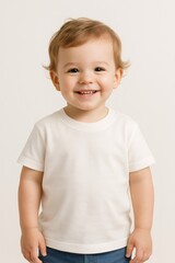 Naklejka premium Portrait of a cheerful toddler smiling and wearing a white t shirt and blue jeans on a white background