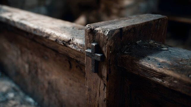 Carved wooden cross on an old chapel pew