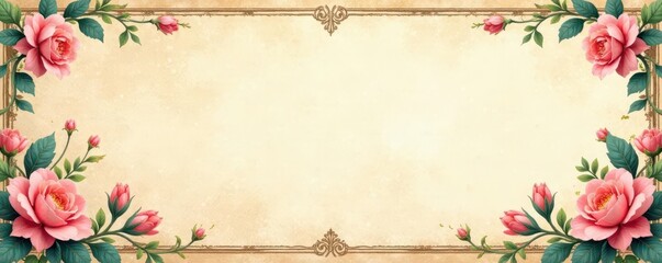 Intricate floral border, faded pastel hues, aged paper texture, antique, chic