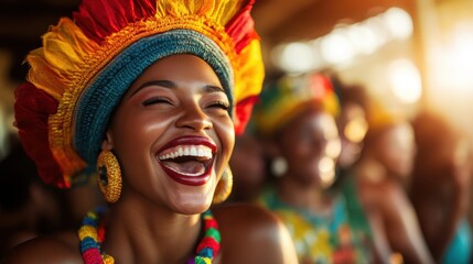 Fototapeta premium A radiant woman in colorful attire laughing joyfully at a festive gathering, capturing the essence of culture, celebration, and shared moments of happiness with friends.