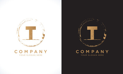 T Letter Logo With Grunge Round Shape. Modern Unique Creative T Logo Design Vector Template. Elegant Identity Design In  Gold Color.