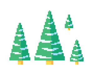 Pixel art 8-bit vector set of snowy Christmas trees isolated on white background festive winter sprites vector retro game pixel graphics perfect for holiday projects