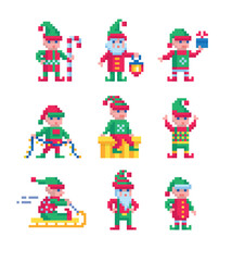 Pixel art 8-bit vector set of Christmas elves in unique poses festive winter holiday cute characters pixel sprite set perfect for game and digital projects