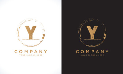 Y Letter Logo With Grunge Round Shape. Modern Unique Creative Y Logo Design Vector Template. Elegant Identity Design In  Gold Color.