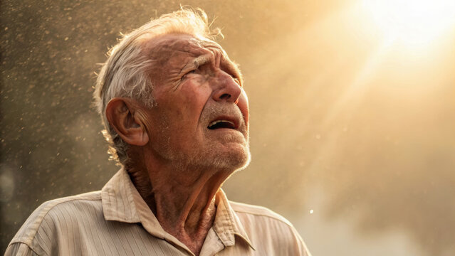 Elderly man sunlight heat sweating outdoor summer distress dehydration emotional expression. Heat stroke concepts