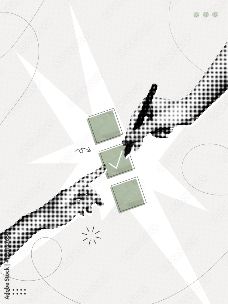 Poster trendy halftone collage hand with pen and check list. questionnaire concept. survey form. management