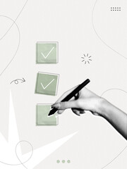 Trendy Halftone Collage Hand with pen and check list. Questionnaire concept. Survey form. Management to do list with tick. Organized task processing. Project plan. Contemporary vector illustration art