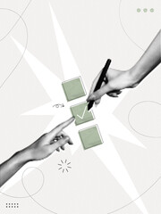 Trendy Halftone Collage Hand with pen and check list. Questionnaire concept. Survey form. Management to do list with tick. Organized task processing. Project plan. Contemporary vector illustration art