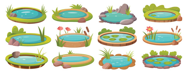Collection of Cartoon Pond Designs with Plants and Rocks