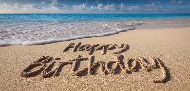 Happy birthday message written in sand on a beach with ocean waves approaching the shoreline view