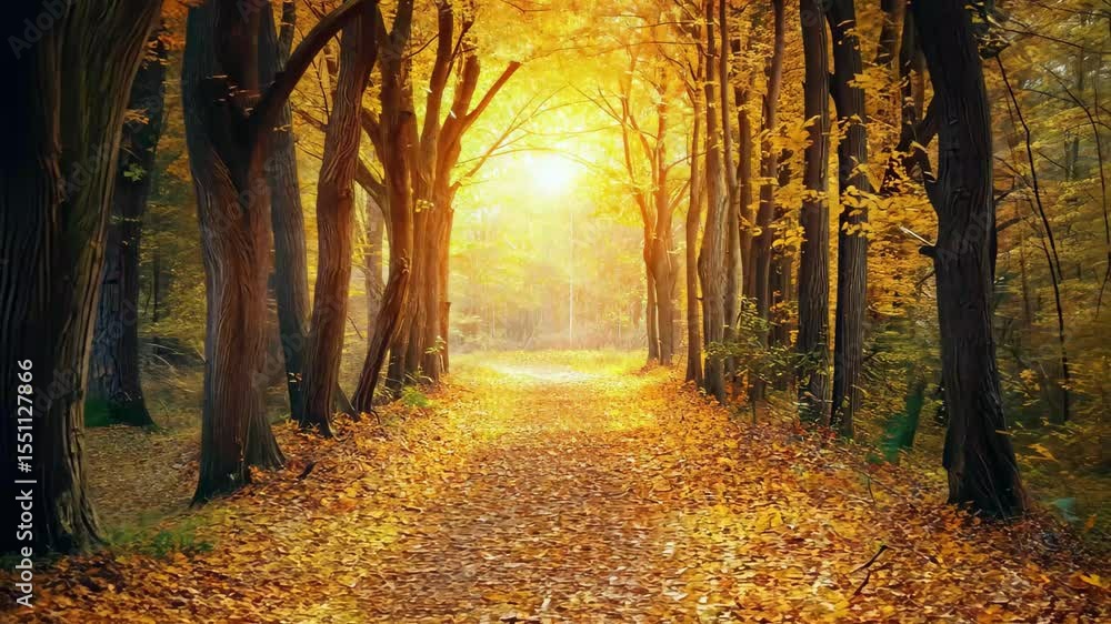 Poster sunlit path through autumn forest showcasing vibrant fallen leaves, sunlit autumn forest path with f