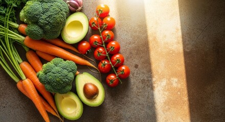 Fresh Vegetables: Broccoli, Carrots, Avocado, Tomatoes and Garlic on Rustic Surface