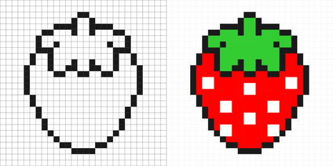 Pixel art strawberry in full color and outline versions, 8-bit retro style.