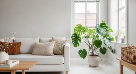 Modern Living Room Interior with Monstera Plant and Cozy Sofa