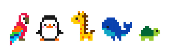 Pixel style cute animal collection in bead art design. Includes crab, penguin, frog, ladybug, rabbit, panda, dog, and duck. Perfect for children's craft, DIY projects, and educational materials.