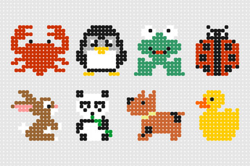 Cute animal set in pixel bead style. Includes crab, penguin, frog, ladybug, rabbit, panda, dog, and duck. Perfect for kids' crafts and educational projects.