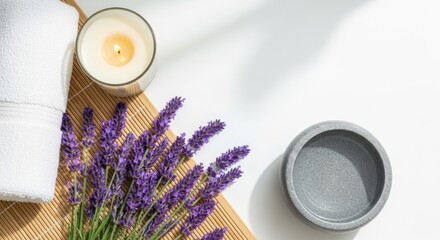 Relaxing Spa Scene: Lavender, Candle, and Serene Ambiance.