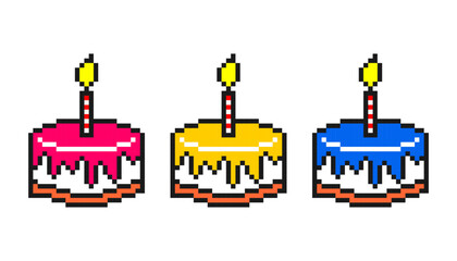 Pixel art birthday cakes with candles in colorful 8-bit style.