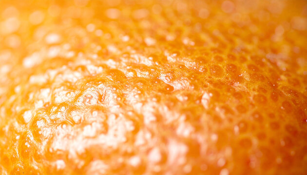Extreme close-up of a citrus fruit peel's textured surface, showcasing its bumpy, glistening, and vibrant orange hue with subtle light reflections