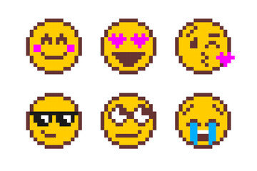 Pixel art emoji set with various facial expressions. Retro 8-bit style icons perfect for games and digital design.