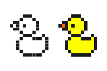Pixel art rubber duck in outline and yellow color, cute 8-bit style.