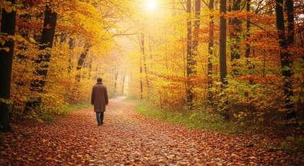 Solitary Autumn Walk Through Golden Forest Path