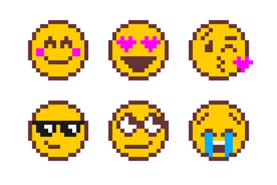 Pixel art emoji set with various facial expressions. Retro 8-bit style icons perfect for games and digital design.