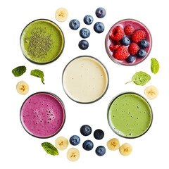 Top view of assorted smoothies with berries banana and mint leaves on a black background arranged circularly on transparent background