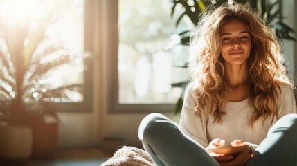 A contemplative young woman sitting in a sunlit room surrounded by plants, holding a phone, radiating calmness and inner peace in a minimalist lifestyle setting.