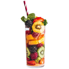 Tall glass filled with assorted fresh fruit and a striped straw on a black background studio shot on transparent background
