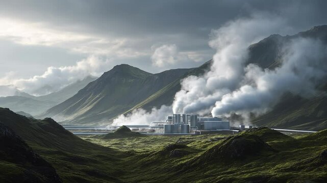 Steam billows from the cutting-edge geothermal power facility nestled in a lush valley, surrounded by towering mountains in Iceland. Nature and innovation coexist beautifully.