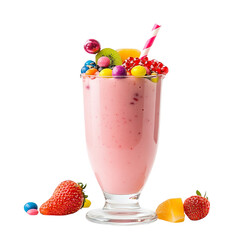 A tall glass filled with a pink smoothie topped with fruit and candy on a black background studio shot on transparent background