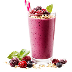 Berry smoothie in a glass with straw and oats topped with berries and oats on a black background on transparent background