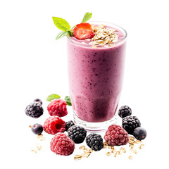 A glass of berry smoothie with strawberry garnish and oats next to fresh raspberries and blackberries on transparent background