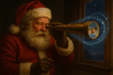 Obraz premium Santa Claus looking through magic telescope at sleeping children on Christmas Eve, checking if they are behaving well